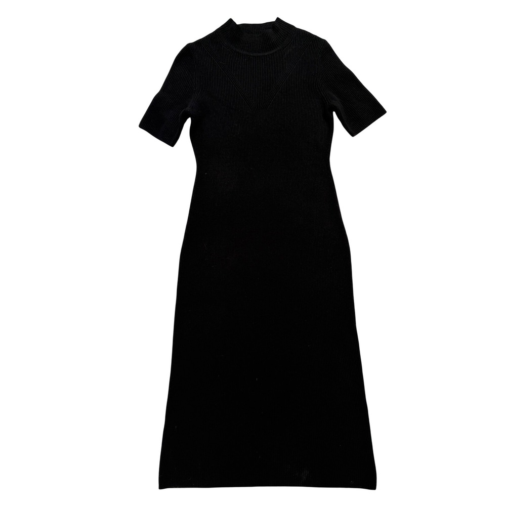 Theory Slim T Neck Dress Women M Black Excellent Wool Cashmere Ribbed Midi